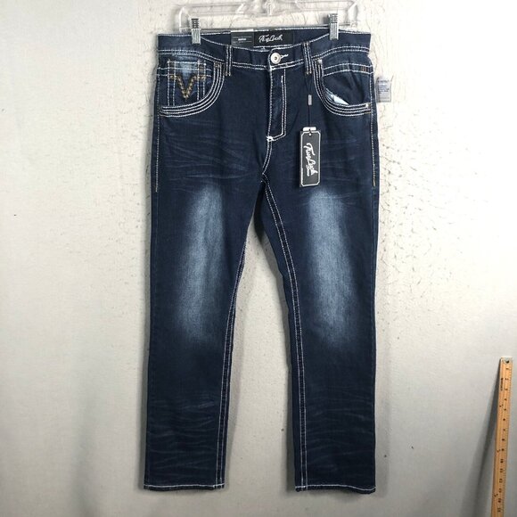 True Luck Jeans Mens 32x34 Blue Indigo Bootcut  Denim Western Wide Stitch NEW - Picture 1 of 16